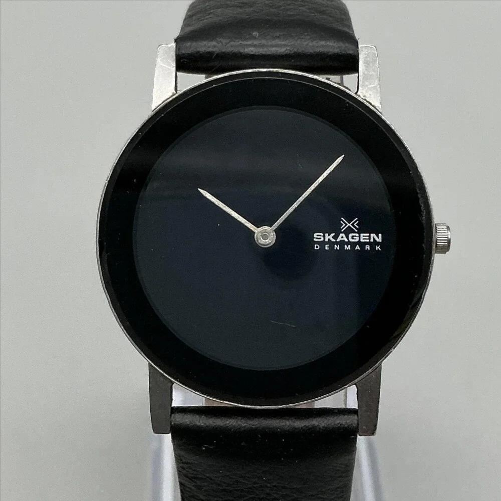 Skagen Womens Watch 33mm Black Dial Black Leather Minimalist Dress New Battery